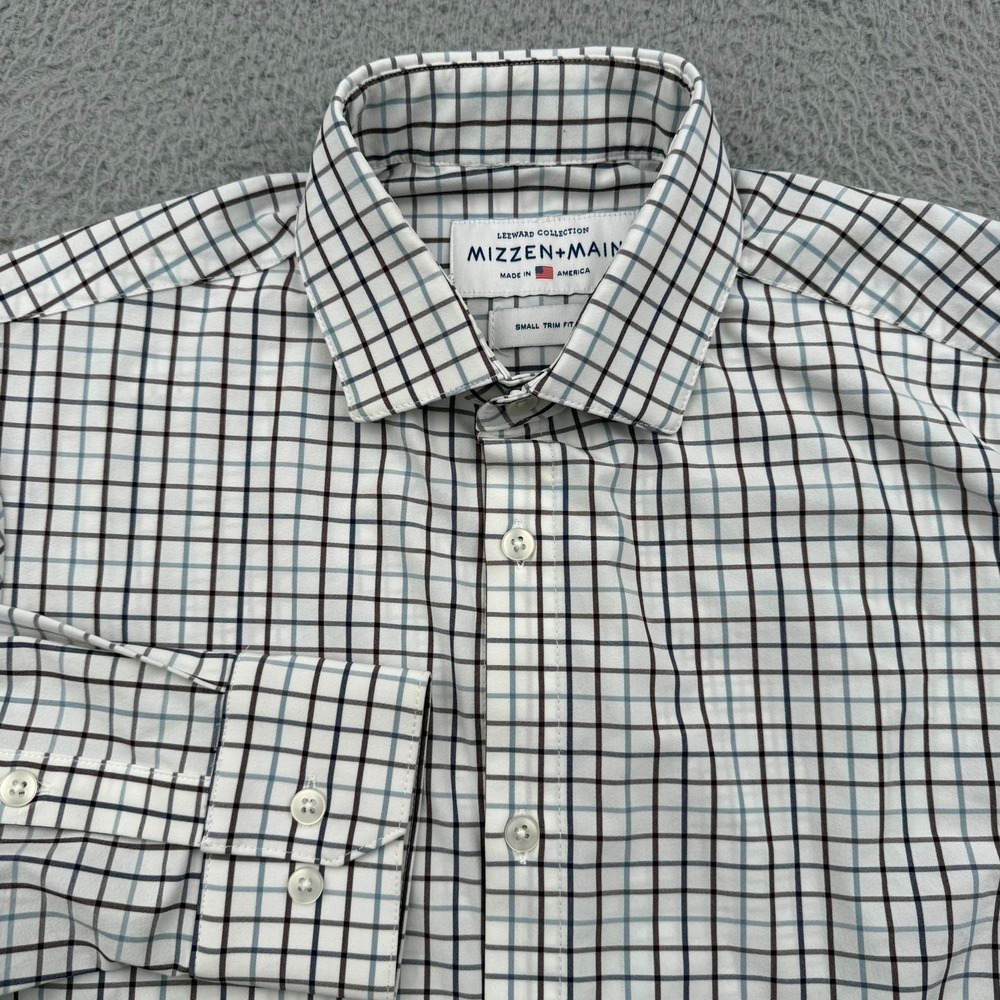 Mizzen+Main Leeward Dress Shirt Mens Small White Check Trim Fit Stretch